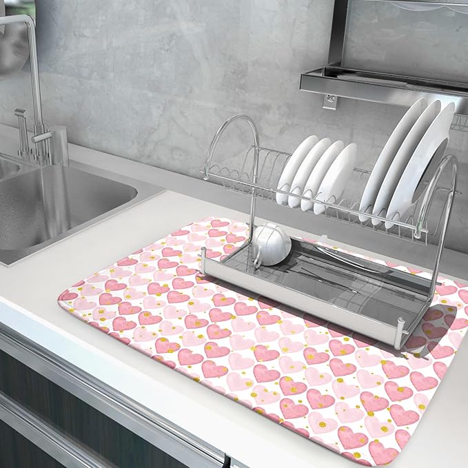 Valentines Day Dish Drying Mat for Kitchen Counter 24x18 Inch Love Drying Mat with Absorbent Reversible Microfiber Golden Pink Heart Dish Drainer Mats Rack Pad for Coffee Countertop Protector