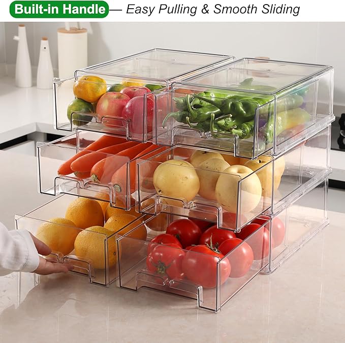 Taiuloo 2 Pack Stackable Refrigerator Organizer Bins with Pull-Out Drawer, Clear BPA-Free Food Storage Containers for Fridge Freezer, Kitchen Pantry Cabinet & Bathroom Vanity Organization
