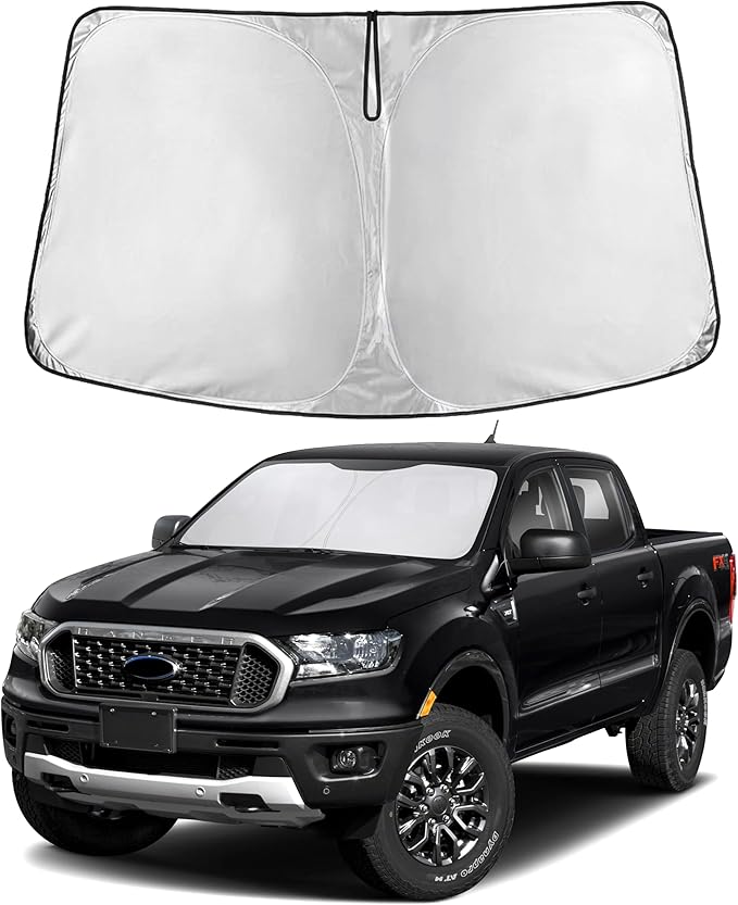 EcoNour Windshield Sun Shade Compatible for Ford Ranger (2019–2026) | Front Window Shade for Midsize Pickup Truck | 4-Layer, 240T Sunshade Accessories | UV & Heat Reflector for Ranger Windshield