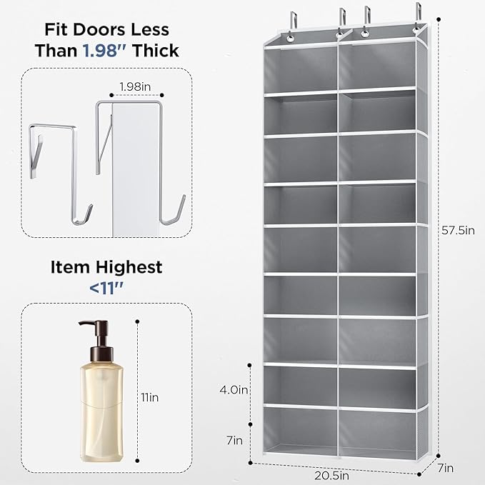 PureSpace 5-Tier Over The Door Organizer with 10 Side Mesh Pockets & Clear Windows, 80 lb Weight Capacity Hanging Storage for Bathroom, Bedroom, Nursery, Kitchen, Organizer Toys(Clear Grey)