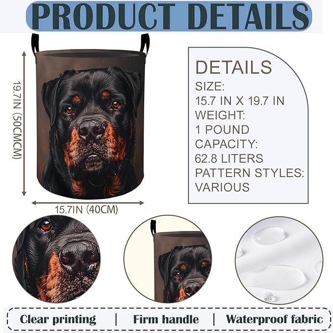 Rottweiler Laundry Basket Hamper 19.7"x15.8", Dog Foldable Waterproof Oxford Clothes Storage Bucket for Room Bathroom Bedroom Nursery Decor, Toy Organizer Bins Gifts for Kids Boys Girls
