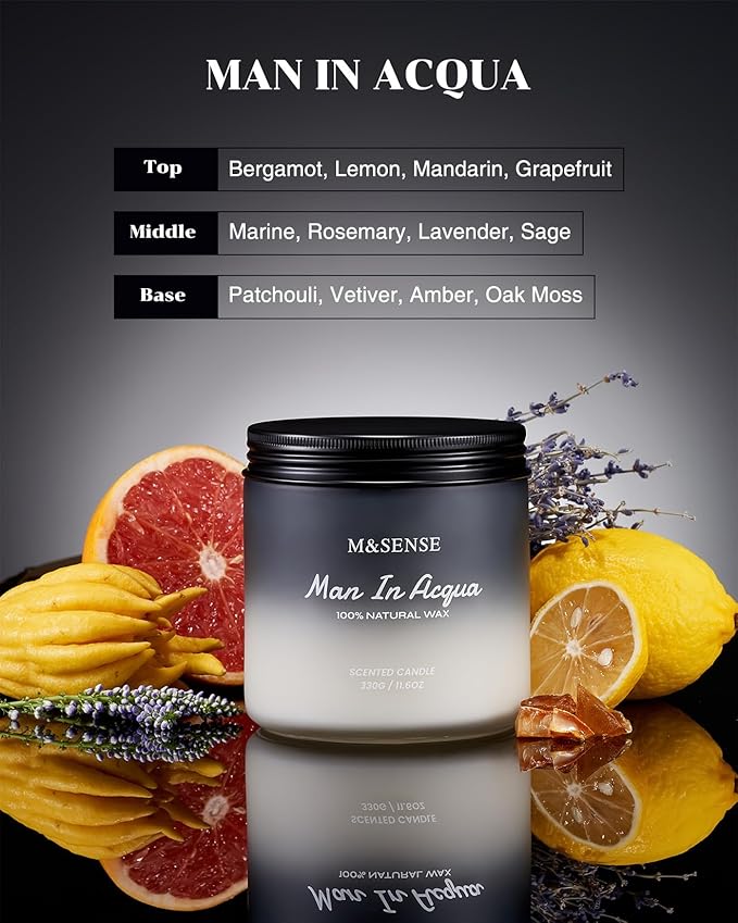 M&SENSE Citrus Vetiver Men Candles - Scented Soy Wax, 2 Wick, 11.6oz, 70 Hour Burn, Black, Organic, Masculine, Holiday Candle