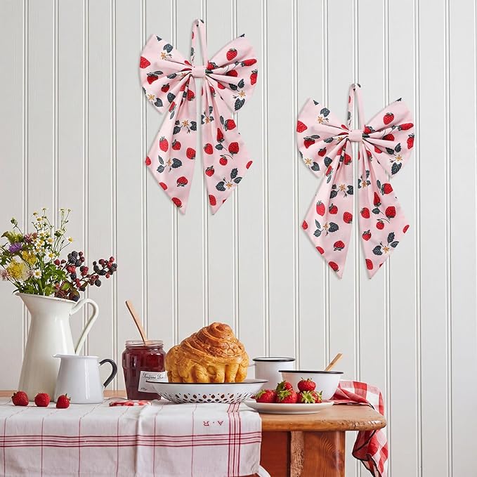 2 Pcs Spring Strawberries Wreath Bows 19.6'' x 11.8'' Large Tree Topper Pink Ornament Rustic Burlap Wreath Sash for Front Door Spring Party Yard Doorway Indoor Outdoor Wall Decor