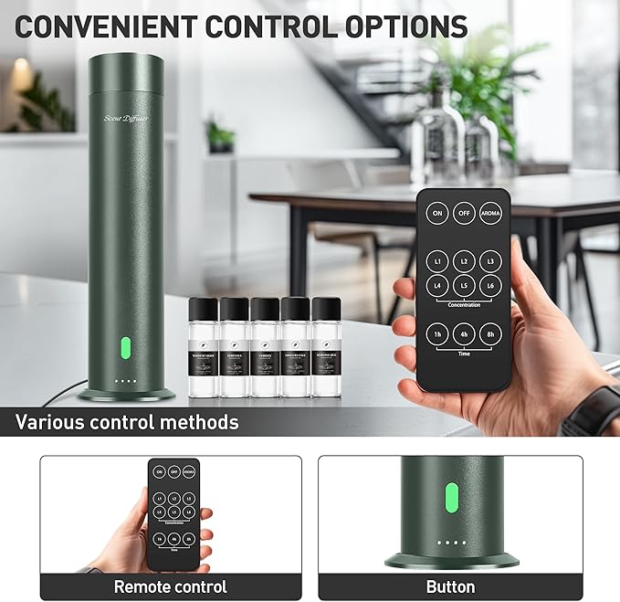 Waterless Scent Diffuser Starter Kit - 1000 Sq Ft Coverage, Hotel Scent Diffuser, Essential Oil Diffuser Large Room, Included 5 Scent Oils, Remote Control, SandGreen