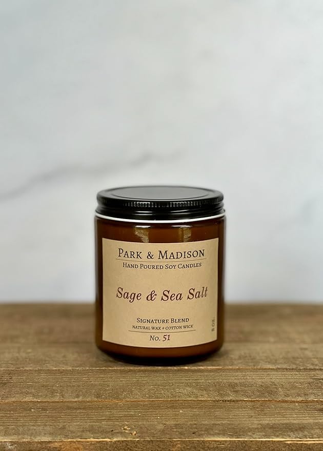 Park & Madison Sea Salt & Vetiver Soy Candle – Refreshing Earthy Scent with Ocean Air, Aquatic Florals & Warm Musk – Eco-Friendly Amber Jar, Non-Toxic, Long-Lasting Scented Candle (4 oz)