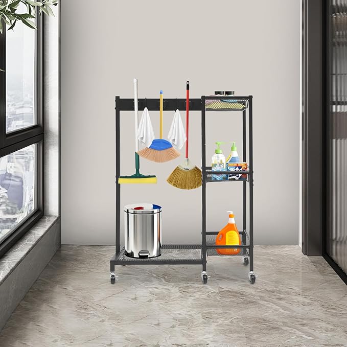 Cleaning Tool Rack, Broom Closet Storage Cabinet with Wheels, Cleaning Cart with Mop Hanger Gripper Rack Hooks, Cleaning Cart with 3-Tier Shelves for Laundry Room, Kitchen, Garage