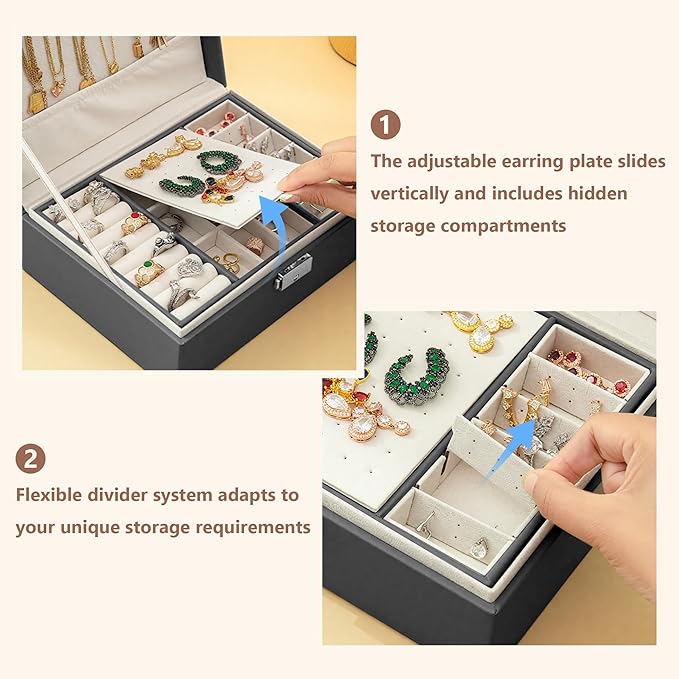 Homeanda Jewelry box 2 layer Jewelry box Leather Jewelry boxes for Women Girls Teens Jewelry organizer box Jewelry Storage box with lock(Black)