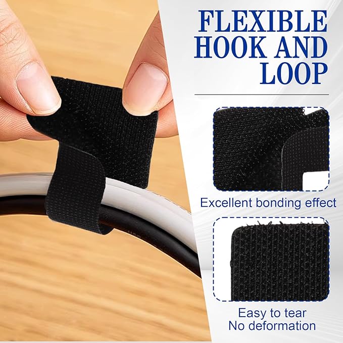 Rierdge Cable Management Kit - 40 Heavy-Duty Self-Adhesive Hook & Loop Ties with 2 Extra-Long Extension Straps for Desk, Home Office & Workshop (Black)