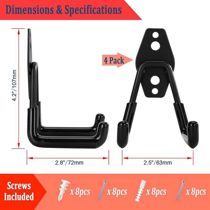 KAROSOM 4 Pack Garage Hooks, Garage Tool Organizer Wall Mount, Heavy Duty for Utility Organizer, Steel Utility Garage Hooks for Ladders, Garden Tools, Bike