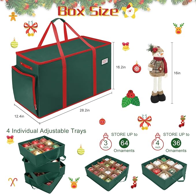 Large 2-in-1 Christmas Ornament Storage Box & Xmas Figurine Container,4 Separate Trays Keep 64-3"/ 54-4" Holiday Ornaments,Adjustable Extent Area for Figurines and Pockets for Decoration