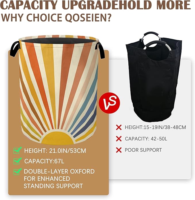 Colorful Boho Laundry Basket,Sunrise Rainbow Collapsible Laundry Baskets with Handles,Waterproof Oxford Cloth Storage Basket 16"x20" for Bathroom/Bedroom/Dormitories