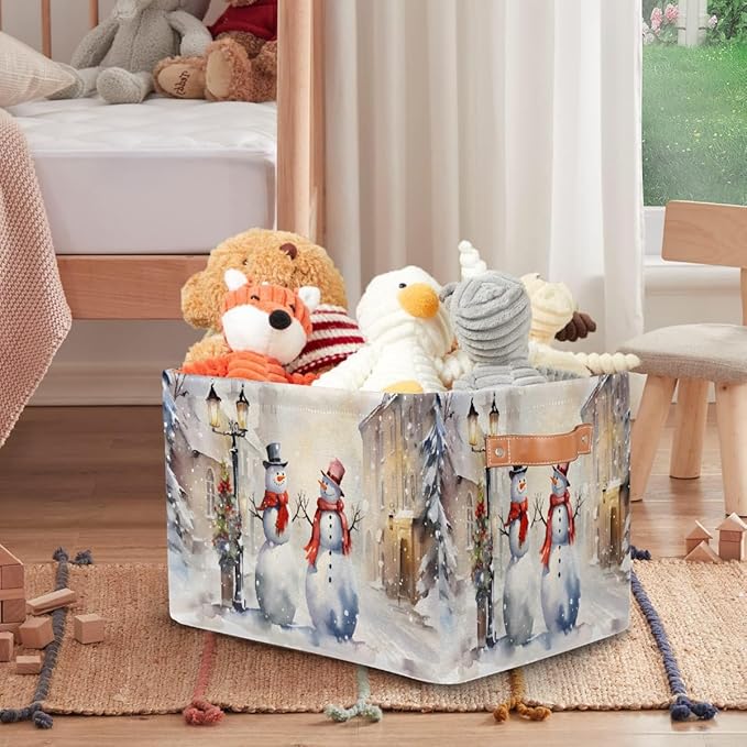 Storage Baskets Bin, Christmas Winter Snowman Collapsible Canvas Fabric Storage Bin Decorative Baskets Toy Organizer Rectangle Storage Boxes with Handles for Home Shelves Nursery, J-018