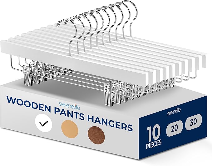 SereneLife 10 Pack Skirt and Pant Hanger with Adjustable Non-Slip Steel Clips, Premium Wooden, 360° Swivel Hook & 10 lb Capacity – Space-Saving Heavy-Duty Hangers for Jeans, Shorts & Slacks (White)