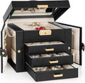 TORIBIO Jewelry Box for Women, Leather Jewelry Organizer with Mirror & Lock, 4-Tier Jewelry Storage Organizer with 3 Drawers for Girls/Women/Mothers, Necklace Earring Bracelets Holder Organizer
