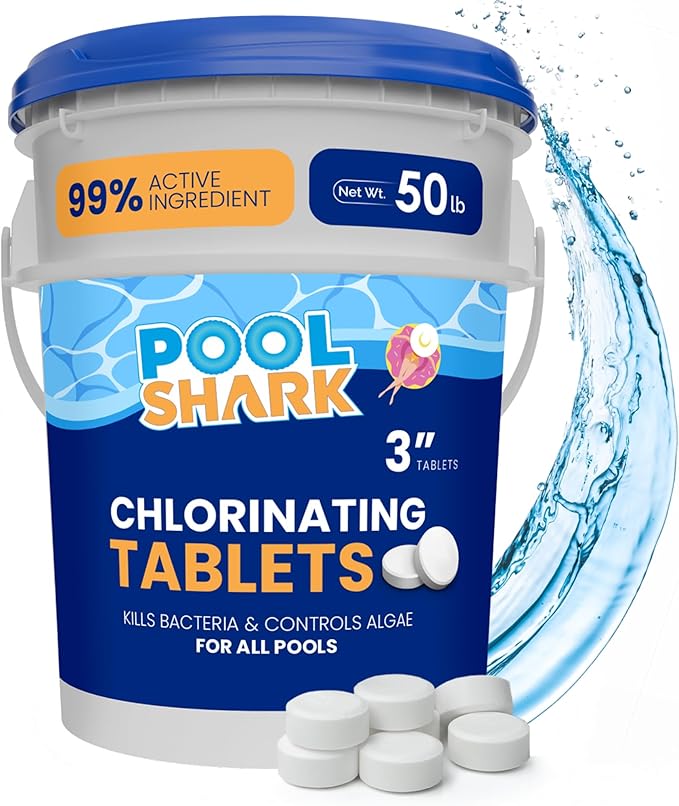 Pool Shark Swimming Pool Chlorine Tablets - 3-Inch Chlorine Tablets - Slow-Dissolving 90% Active Chlorine Tabs - Pool Chemicals for Inground Pools, Above Ground Pools, Saltwater, Spa, Hot Tub (50 lbs)