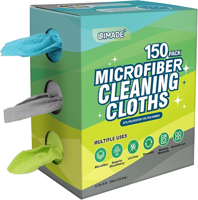 UNIMADE Microfiber Cleaning Cloth, 150 Pack Reusable Microfiber Towels for Cars Lint Free Cleaning Shop Towel Rags with Dispenser Box for Home Kitchen Automotive Restaurant Garage, 11"x 9", Multicolor