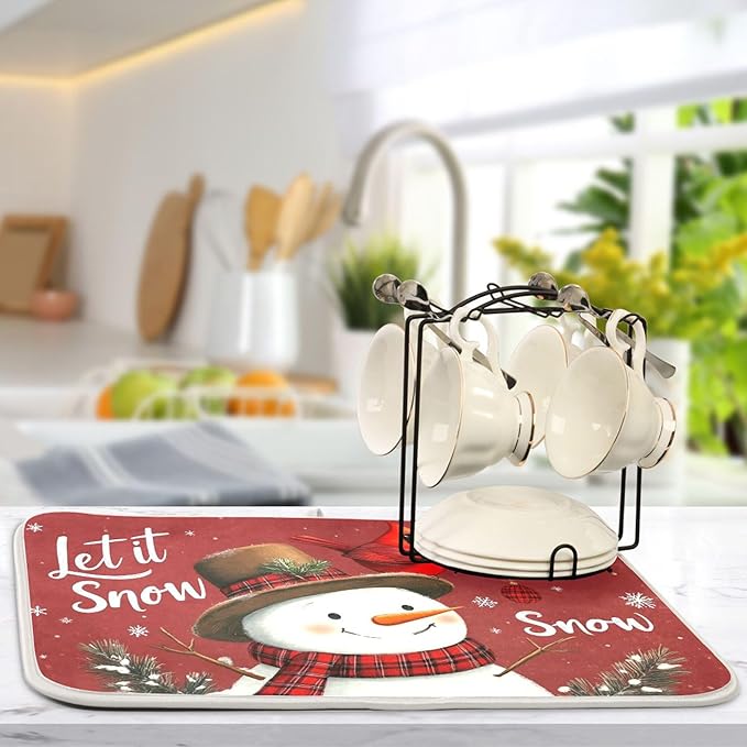 Winter Snowman Let it Snow Dish Drying Mat for Kitchen Countertop 16x18 Christmas Red Birds Snowflake Xmas Small Drying Mat Reusable Quick Dry Dish Sink Mats Easy Clean Decorative Essentials