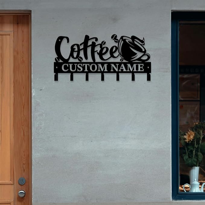 Personalized Custom Name Coffee Bar Wall Keys Hooks,Metal Coffee Shop Art Clothes Hooks,Metal Coffee Lover Wall Home Storage Decorative,For Front Door, Hallway, Kitchen, Bedroom,Keys,Hats (Style D)