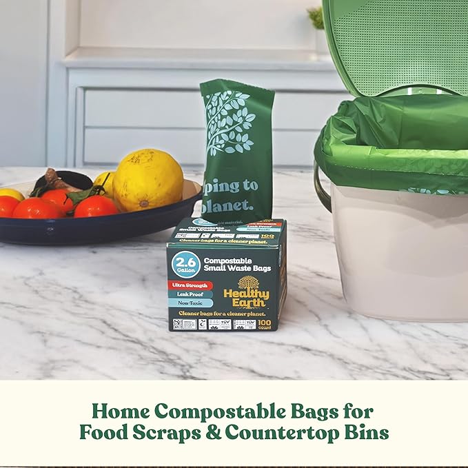 Healthy Earth 2.6 Gallon Compostable Trash Bags – 100 Count Small Trash & Kitchen Compost Bags for Countertop Bins, Extra Thick Plant-Based Food Scrap Liners, BPI & TÜV Certified ASTM D6400