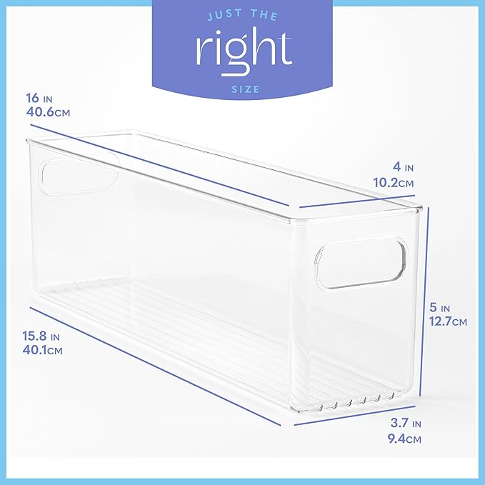 Plastic Food Storage Clear Container Bin with Handles for Organizing Kitchen, Pantry, Fridge, Freezer, Pantry,Bathroom. 16"x4"x5"