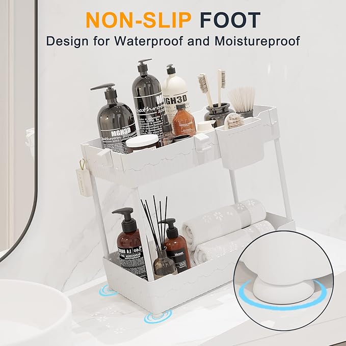 Sevenblue 2 Pack Under Sink Organizer, Under Bathroom Cabinet Organizer with Hooks Hanging Cup, Multi-Purpose Storage Shelf for Kitchen Bathroom (White, XL)