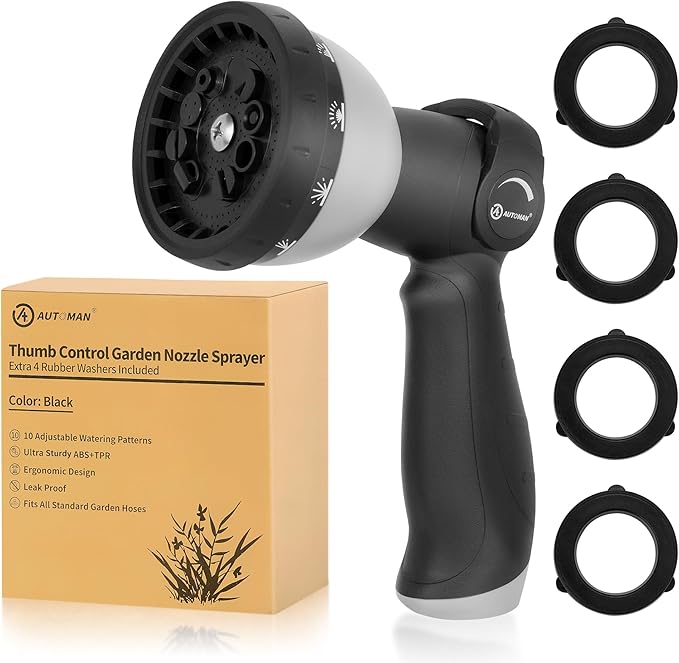 AUTOMAN Garden Hose Nozzle - 10 Adjustable Spray Patterns, Thumb Flow Control Hose Sprayer, Water Hose Spray Nozzle for Plants Watering, Car Washing, Window Cleaning, Pets Bathing, Outdoor Fun, Black