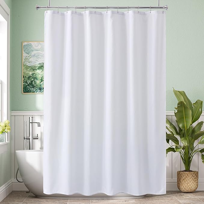 Amazer Extra Long Shower Curtain Liner Washable 72x90 Inches, Tall Shower Liner Fabric with 2 Bottom Stones, Waterproof 2-in-1 Shower Curtain and Liner, 12 Grommet Holes, Hotel Quality, White