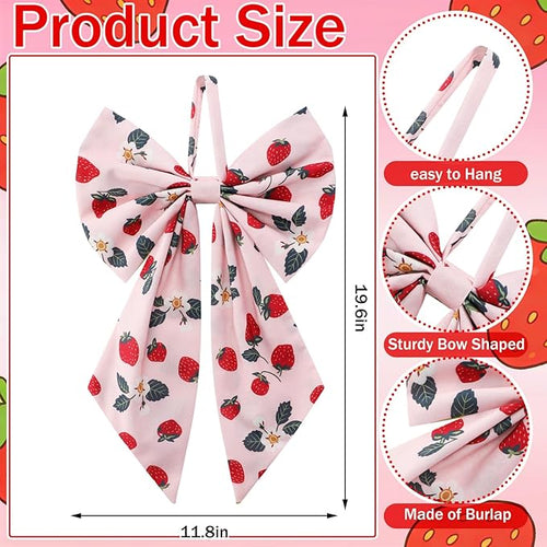 2 Pcs Spring Strawberries Wreath Bows 19.6'' x 11.8'' Large Tree Topper Pink Ornament Rustic Burlap Wreath Sash for Front Door Spring Party Yard Doorway Indoor Outdoor Wall Decor