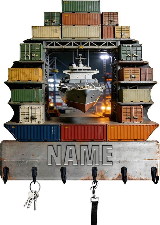 Personalized Wooden 2D Flat Print Container Ship Themed Wall Hooks for Living Room Hallway Office Custom Name Container Crane Coat Rack Port Transportation Key Storage Holder for Women Men Friends