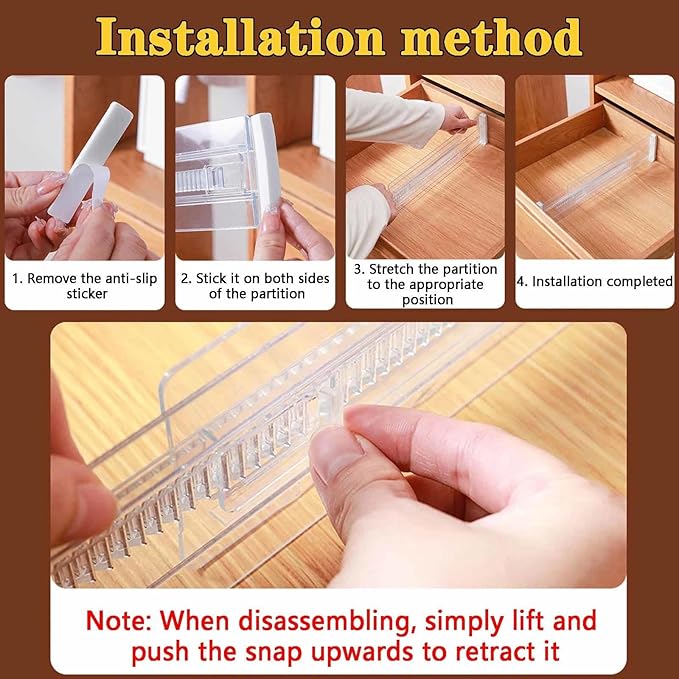 4 Pack Drawer Dividers for Clothes, 3.15" High 11.34"-19.69" Adjustable Expandable Dresser Drawer Organizer, Clear Plastic Separators for Dresser, Baby Clothing, Underwear, Cosmetic