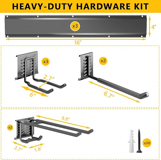 Tebgeag Garage Tool Organizer Wall Mount, 48inch Heavy-Duty Garage Storage System and Garden Tool Organizer with 7 Adjustable Hooks for Shovel, Snowboard, Yard Tools and Shed