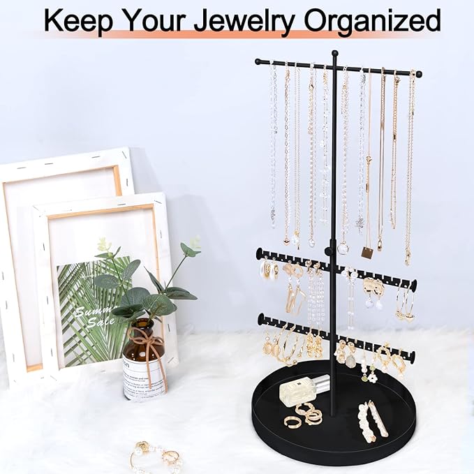 Jenseits Jewelry Holder Stand, 3 Tier Necklace Tree Organizer, Adjustable Height Jewelry Earring Display Towers, Long Necklaces Earrings Bracelets Jewelry Storage Rack for Dresser Bathroom Vanity