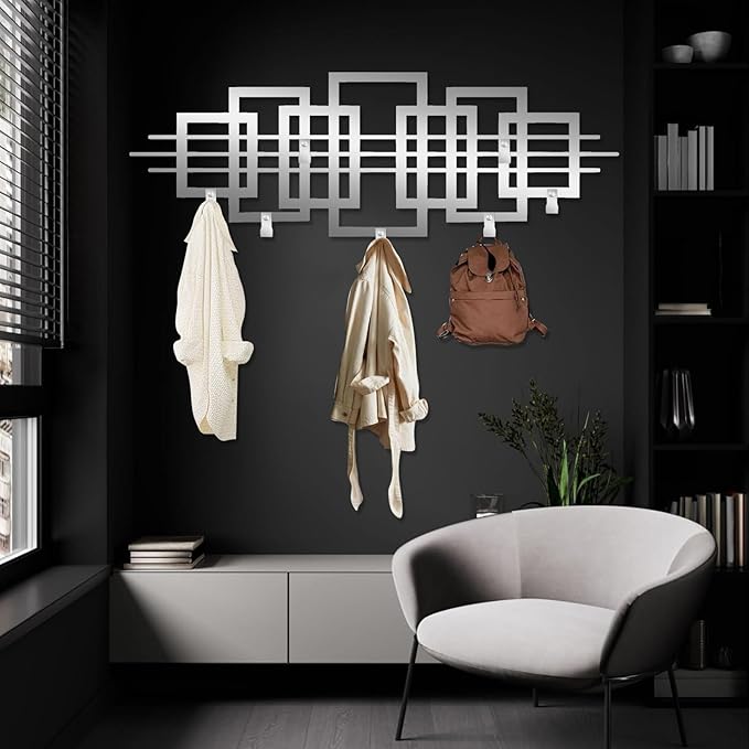 Square Metal Coat Rack, Luxury Modern Wall Mount, Geometric Square Metal Wall Mount, Geometric Clothes Hooks, Home Storage Hooks (White, 18"x53"|45x135cm)