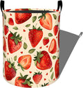 Fresh Strawberry Green Leaves Hearts Laundry Basket with Handles, 19.7"x15.7" Clothes Foldable Laundry Hamper Organizer for Dorm Nursery Bedroom Bathroom Decor, Toy Storage Bin for Kids