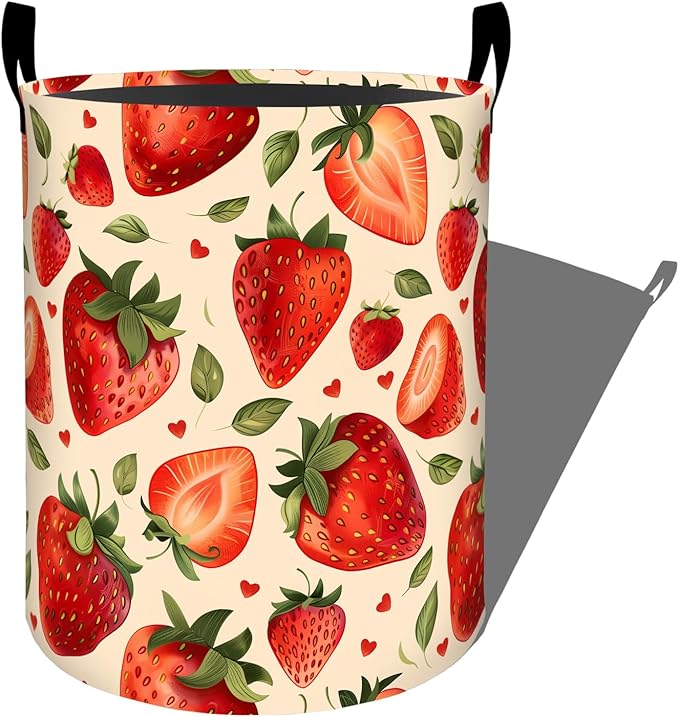 Fresh Strawberry Green Leaves Hearts Laundry Basket with Handles, 19.7"x15.7" Clothes Foldable Laundry Hamper Organizer for Dorm Nursery Bedroom Bathroom Decor, Toy Storage Bin for Kids