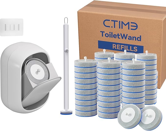 CTIME Disposable Toilet Brush Family Set Includes 60 Brush Heads, a Stylish Brush Handle, an Automatically Opening Replacement Brush Head Storage Box. Suitable for Bathrooms, Toilets and RVs