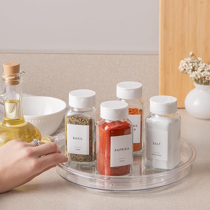primebox 9.4" Lazy Susan Organizer. 360 Degree Rotating Turntable for Cabinets, Fridge, Pantry, Bathroom, Under Sink Organizing, Vanity, Countertops, Organizer for Spices Clear 4 Pack