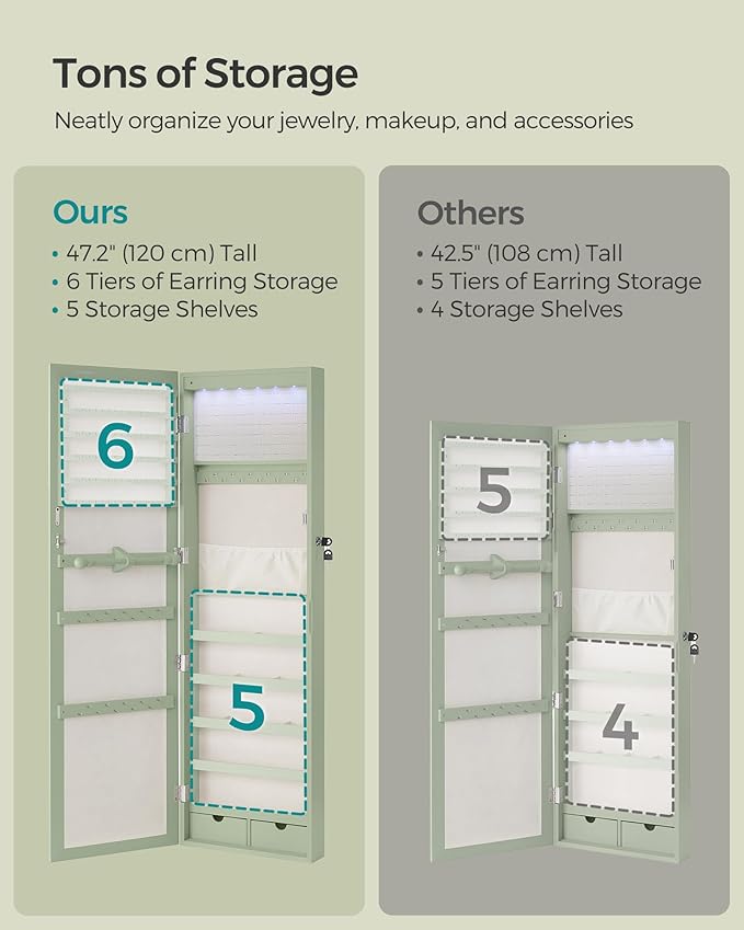 SONGMICS 6 LEDs Mirror Jewelry Cabinet, 47.2-Inch Tall Lockable Wall or Door Mounted Jewelry Armoire Organizer with Mirror, 2 Drawers, 3.9 x 14.6 x 47.2 Inches, Laurel Green UJJC093C01
