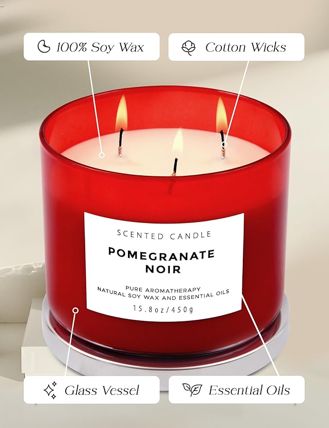 Large 3 Wick Scented Candle 15.8oz | Pomegranate Noir Sweet Fruity Vanilla Candle | Ruby Red Jar Candle | Aromatherapy Stress Relief | Luxury Gift for Women & Men