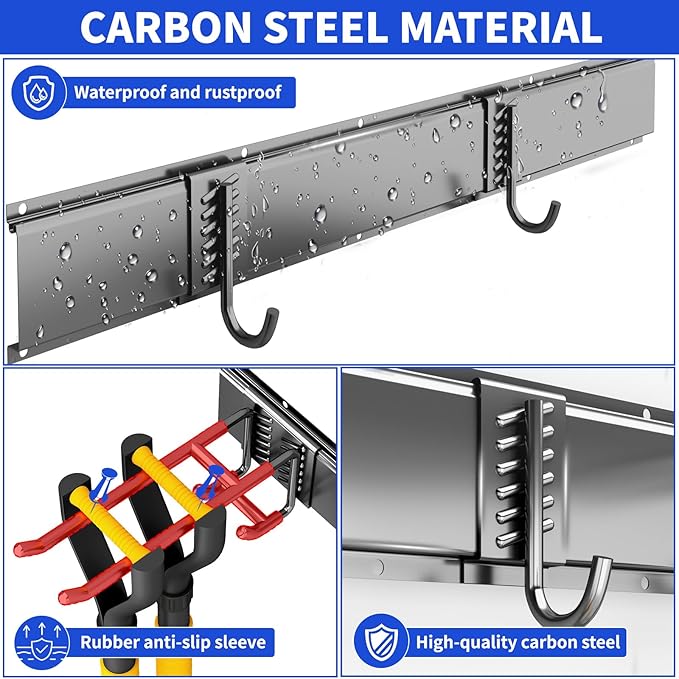 CRXCRC Tool Organizer Wall Mount, 32inch Heavy Duty Garden Tool organizer Storage System, Easy Install With 6 Adjustable Hooks, For Garage, Basement, Shed, Workshop(Black)