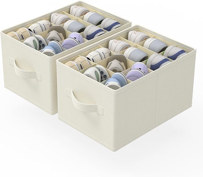 2 Pack Cube Shoe Organizer, Fits Up to 24 Pairs, Foldable Space-saving Storage Container Bins, Closet Organizers System with Reinforced Handles, 16.5 x 12.6 x 10.2 In, Beige, XSNX02BE-2