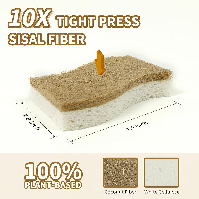 12 Pack Non Scratch S-Shaped Natural Kitchen Sponges - Biodegradable & Compostable Cellulose with Coconut Fiber - Eco Friendly Dish Sponges for Pots, Pans & Household Cleaning