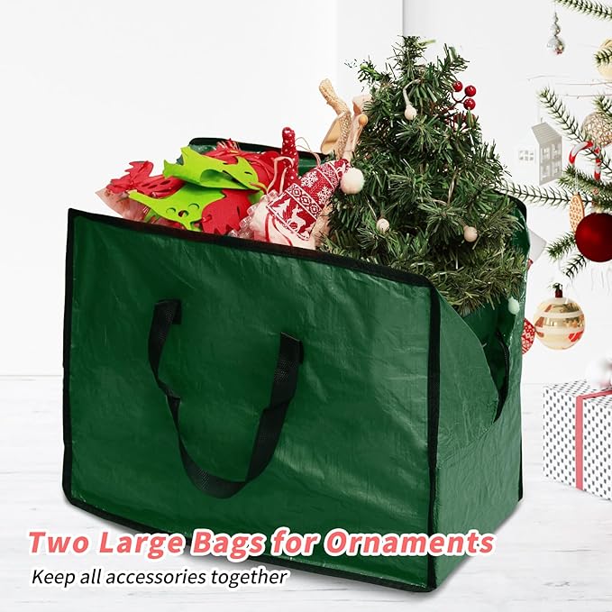Christmas Tree Storage Bag 9 ft (3pc Set), Fits Up to 9 Foot Artificial Trees, Plastic Water Resist Xmas Tree Bag, Reinforced Handles&Zippered&Durable, Holiday Decoration Storage Bags, Green