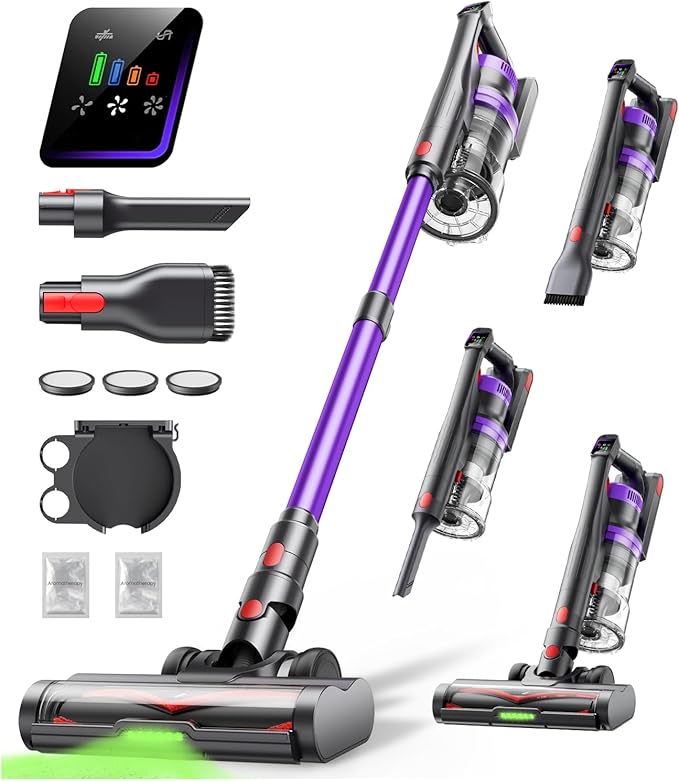 Cordless Vacuum Cleaner 600W 50KPA Powerful Suction 65 Mins Stick Handheld Vacuum Cleaners Green LED Anti-Tangle Brush Aromatherapy 1.8L Dust Cup One-Touch Empty for Carpet/Hardwood/Pet Hair/Car/Stair