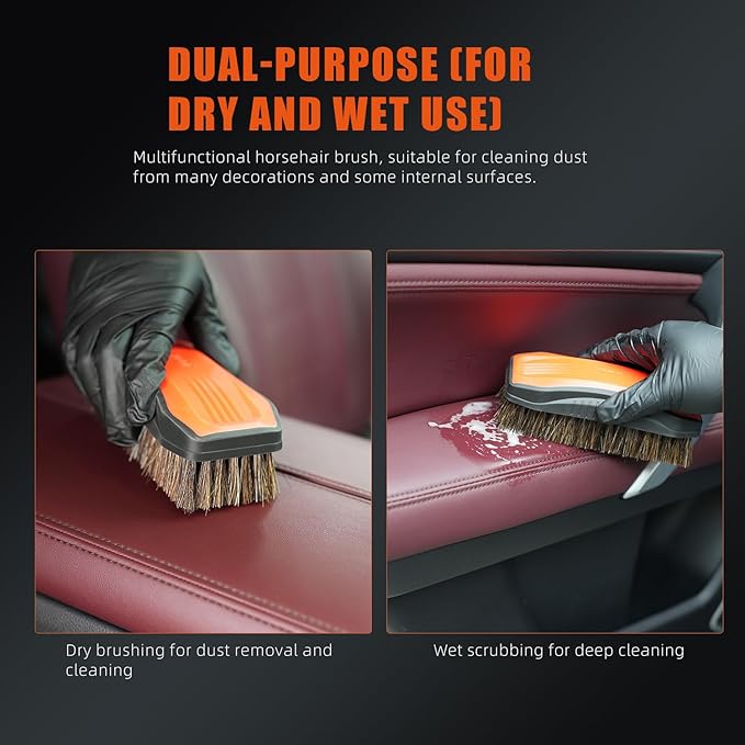 Leather Cleaner Brush, SPTA 2Pcs Fine Long Bristle Horse Hair Brush for Car Detailing,Ideal for Car Interiors,Furniture, Sneakers, Boots,and More -Safe for Natural, Synthetic, Faux, and Pleather