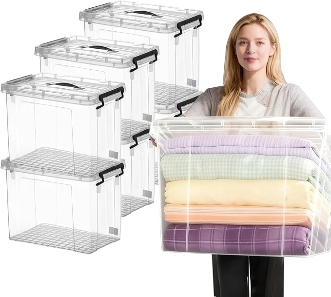 360 QT Clear Storage Bins with Lids, 6 Pack 60 QT-Stackable Plastic Organizer for Home, Office, Garage, BPA-Free, Heavy-Duty, See-Through Containers with Secure Latches & Handles