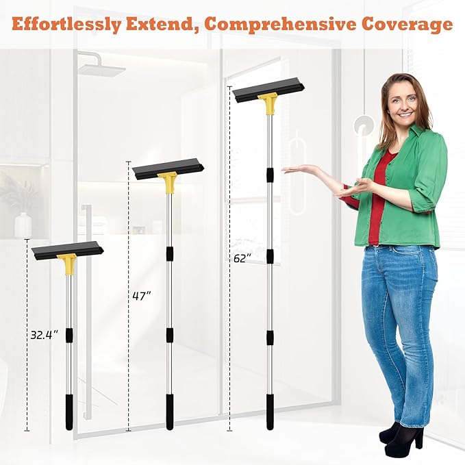 Elapun Large Heavy-Duty Floor Squeegee, 18” Rubber Blade Broom & 62” Long Handle Floor Squeegee for Concrete, Bathroom Tile, Garage Concrete, Deck, Shower Glass, Window Cleaning