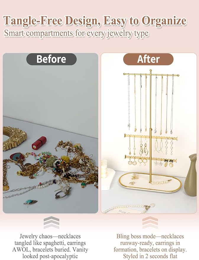 Jenseits Gold Jewelry Organizer Stand with Ceramic Tray – Cute Jewelry Holder for Necklaces, Earrings, Rings & Bracelets, Decorative Jewelry Display for Vanity Dresser, Great Gift for Women & Girls