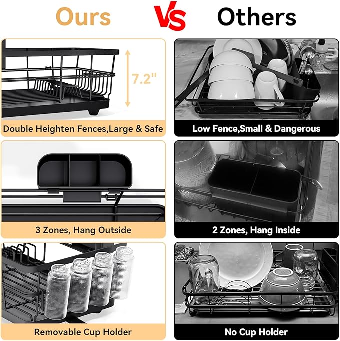 TOOLF Large Dish Drying Rack for Kitchen Counter,Kitchen Dish Racks with Drainboard,Sink Dish Strainer Rack,Countertop Dish Drainer Rack with Cup & Utensil Holders,Black