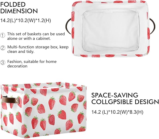 ALAZA Watercolor Strawberry White Foldable Storage Box Storage Basket Organizer Bins with Handles for Shelf Closet Living Room Bedroom Home Office 2 Pack